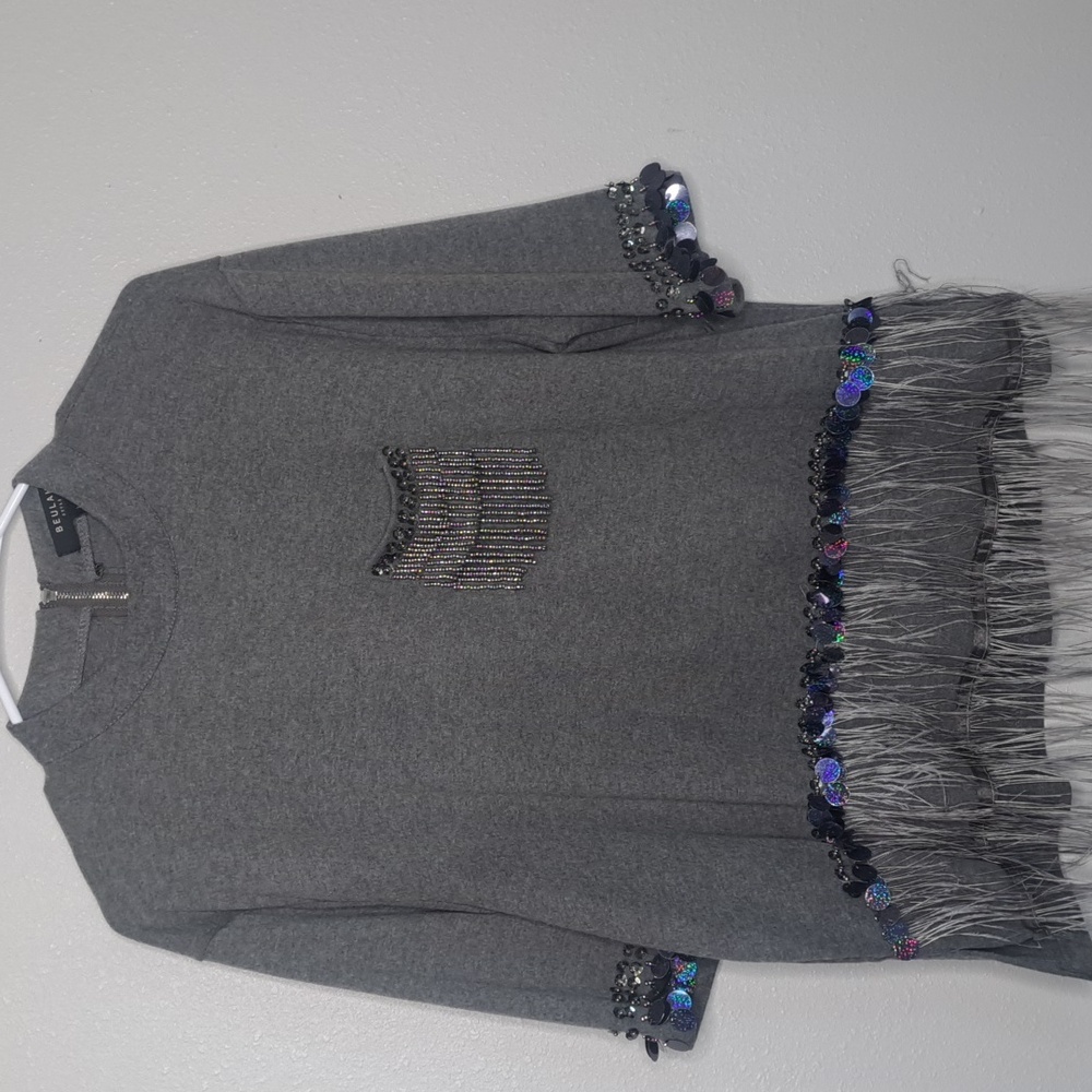 Beulah Style Women's Top Feather Trim Sheer Blouse Gray Cashmere Cotton L